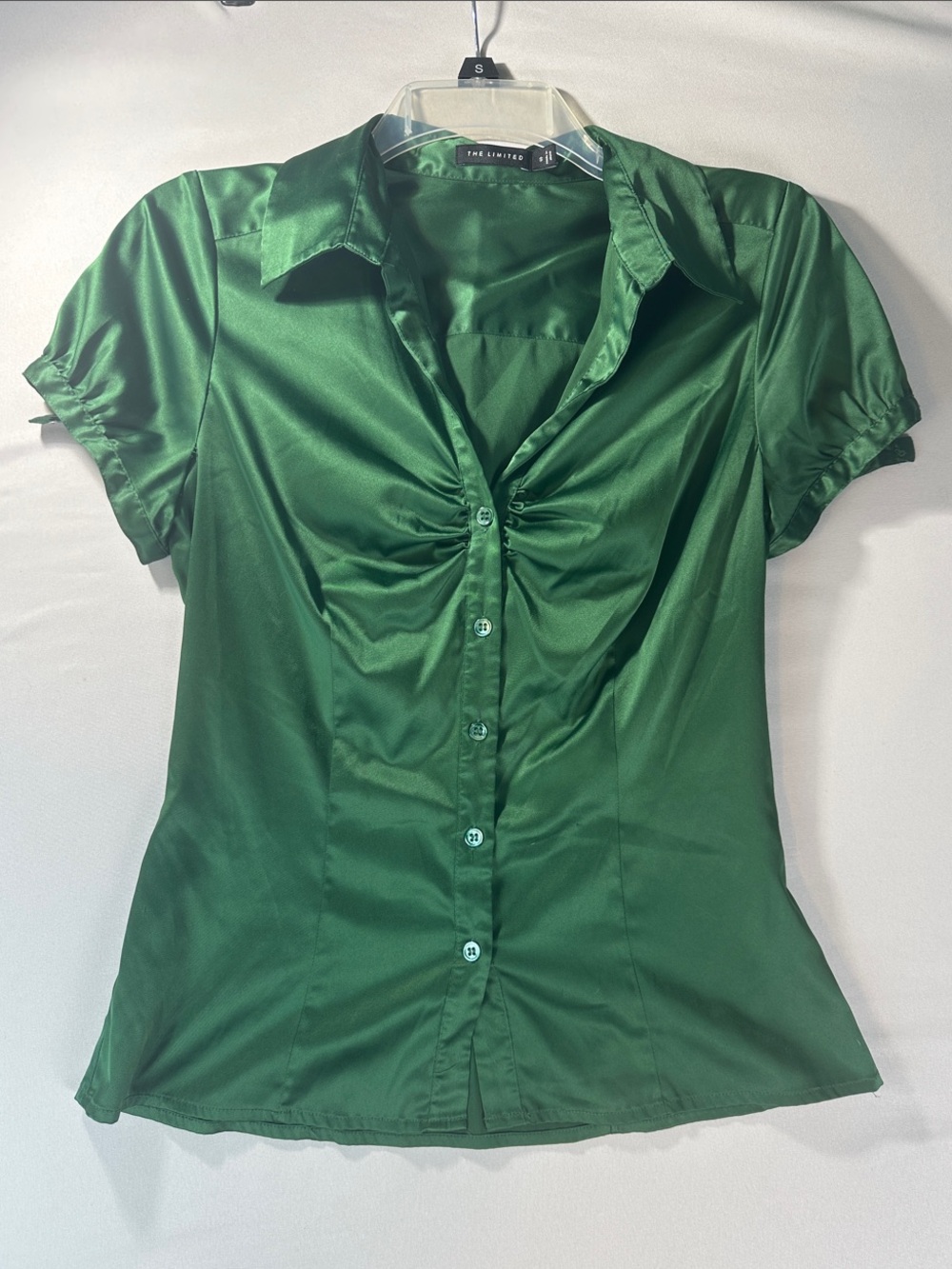 The Limited Satin Green Ruched Button-Down Blouse Small Short Sleeve